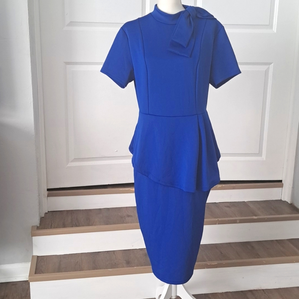 PerZeal Bodycon 8" Sleeve Ruffle Pencil Blue Dress w back Zipper XL NWT